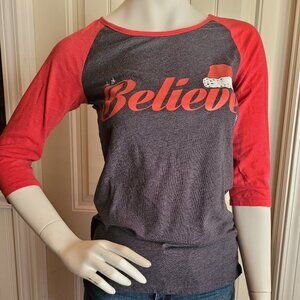 LOL Vintage Dark GrayHeather and Red Believe Raglan Sleeve Christmas Tee S